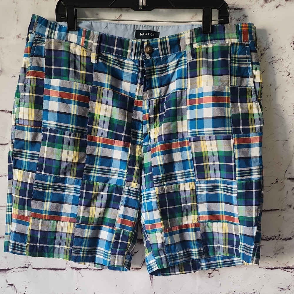 Nautica Blue Madras Men's Shorts Patchwork Nautical Coastal Casual Mens Sz 38 W